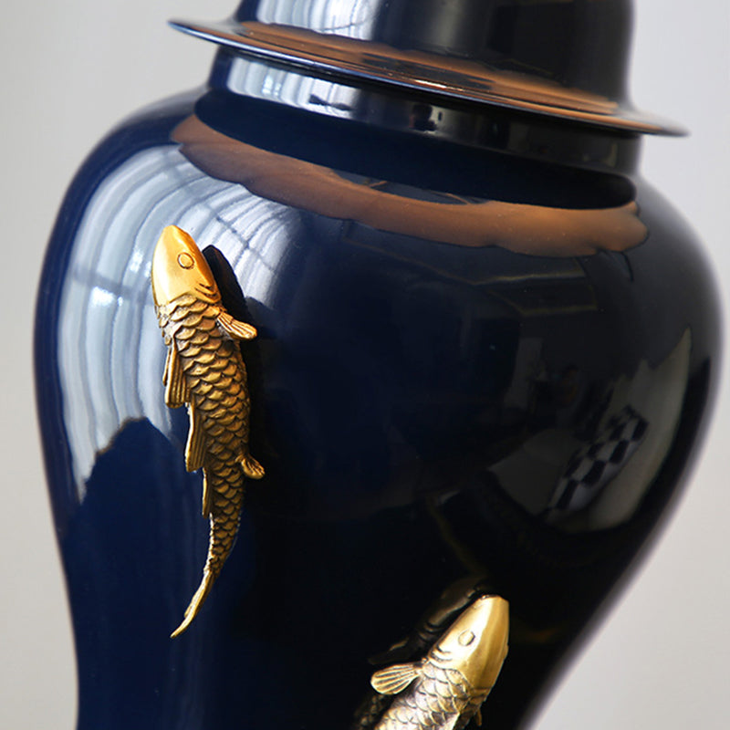 Goldfish Jingdezhen Ceramic Table Lamp Dark Blue Ceramic Base White Linen Shade for Bedroom Small Table