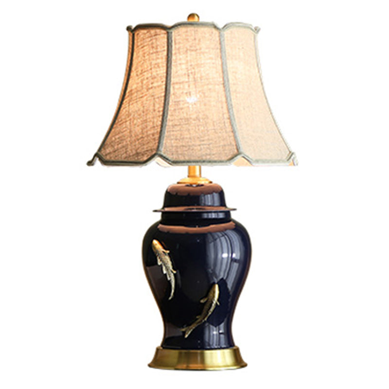 Goldfish Jingdezhen Ceramic Table Lamp Dark Blue Ceramic Base White Linen Shade for Bedroom Small Table