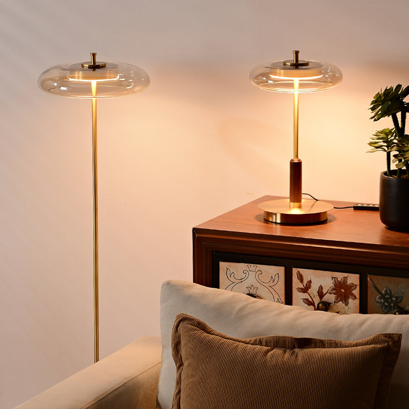 Modern Luxury Brass Table Lamp With Glass Lampshade Oak Wood Body