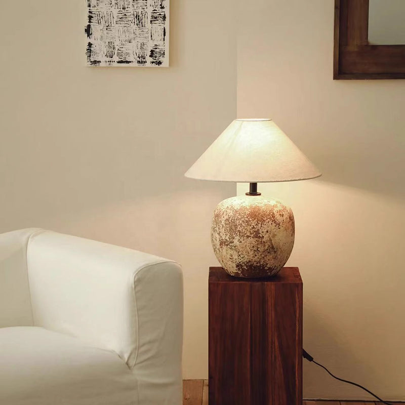 20.5'' Wabi Sabi Ceramic Table Light Geometric Shape Farmhouse Lamp Cone Fabric Shade