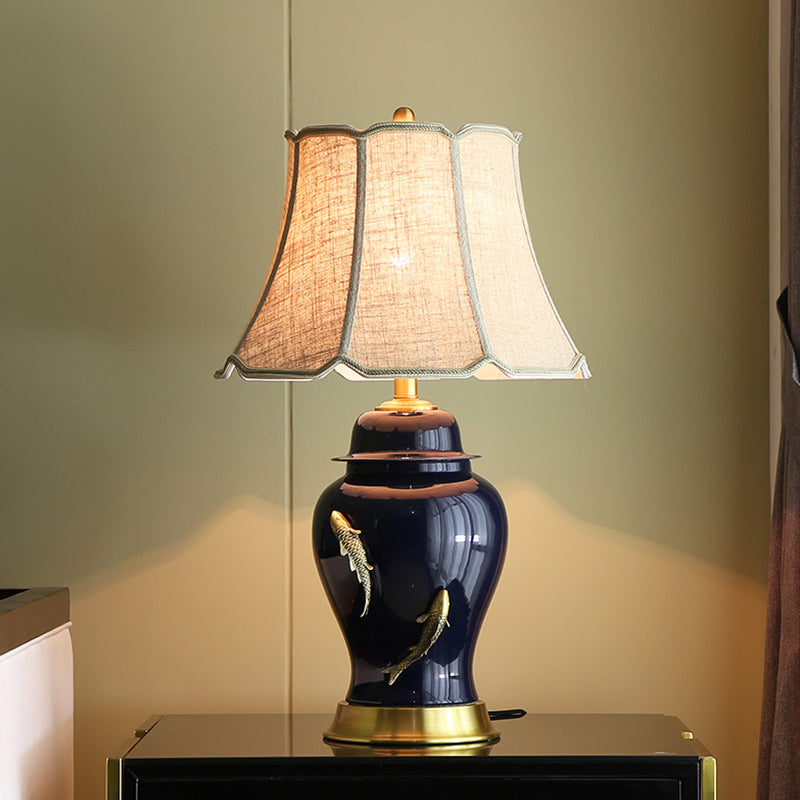 Goldfish Jingdezhen Ceramic Table Lamp Dark Blue Ceramic Base White Linen Shade for Bedroom Small Table
