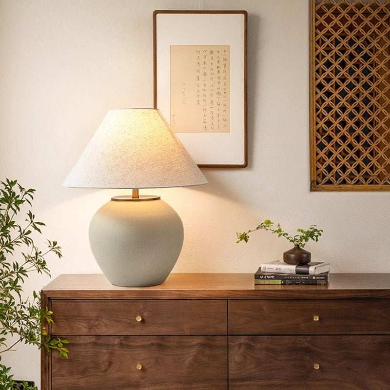 Light Grey Ceramic Cement Pot Table Lamp for Bedroom Living Room Console End Table