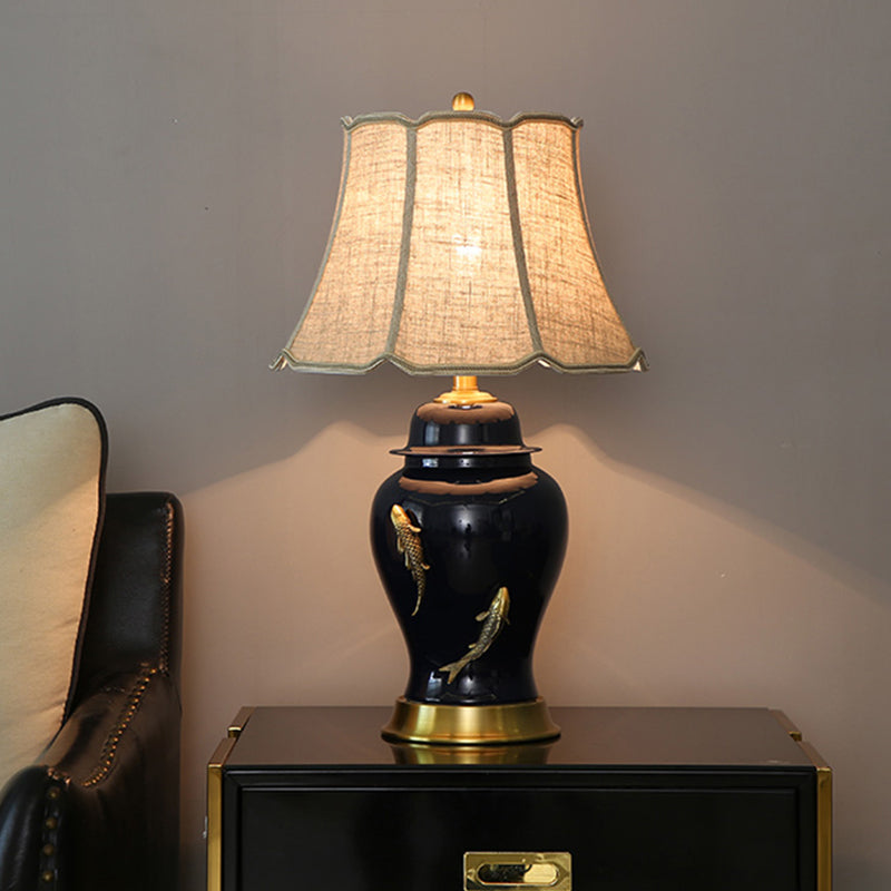 Goldfish Jingdezhen Ceramic Table Lamp Dark Blue Ceramic Base White Linen Shade for Bedroom Small Table