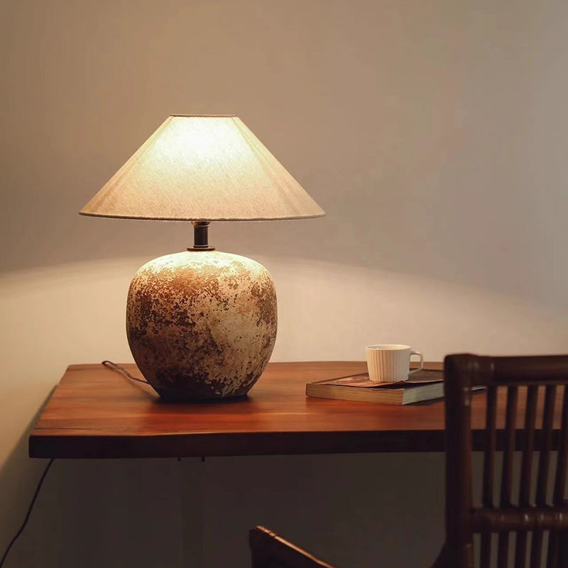 20.5'' Wabi Sabi Ceramic Table Light Geometric Shape Farmhouse Lamp Cone Fabric Shade