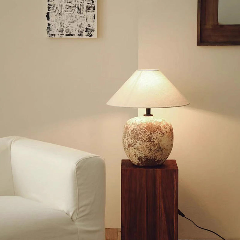 20.5'' Wabi Sabi Ceramic Table Light Geometric Shape Farmhouse Lamp Cone Fabric Shade