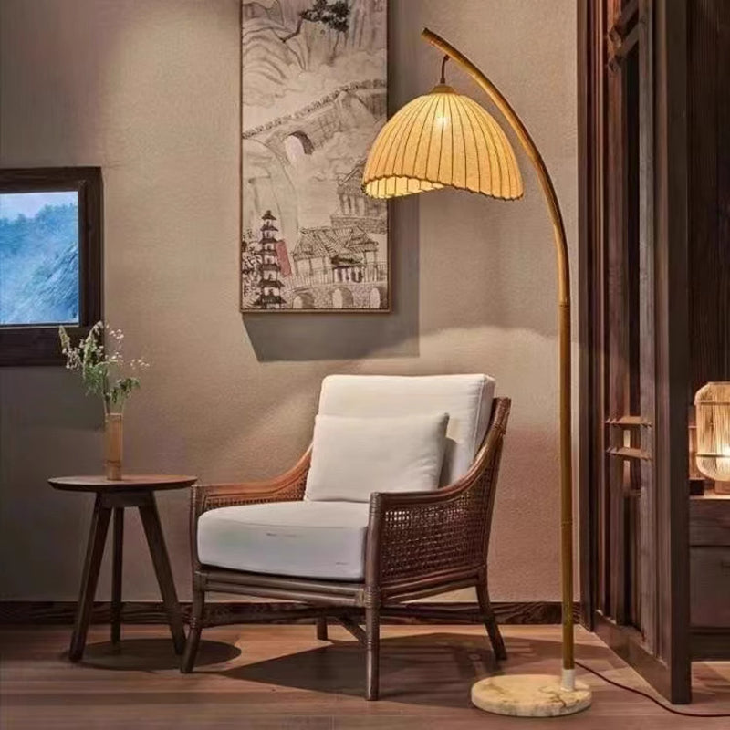 Middle Ancient Style bamboo Joint Floor Lamp With Beige Linen Lampshade