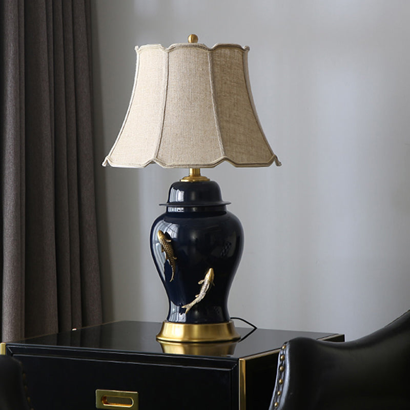 Goldfish Jingdezhen Ceramic Table Lamp Dark Blue Ceramic Base White Linen Shade for Bedroom Small Table