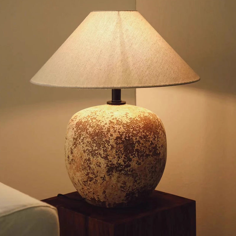 20.5'' Wabi Sabi Ceramic Table Light Geometric Shape Farmhouse Lamp Cone Fabric Shade