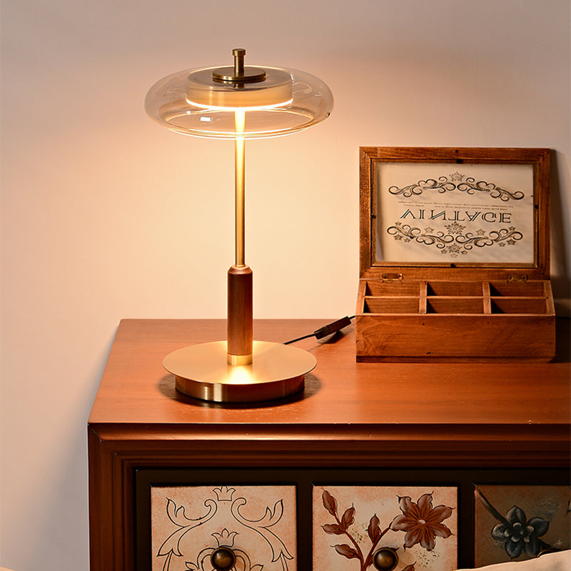 Modern Luxury Brass Table Lamp With Glass Lampshade Oak Wood Body