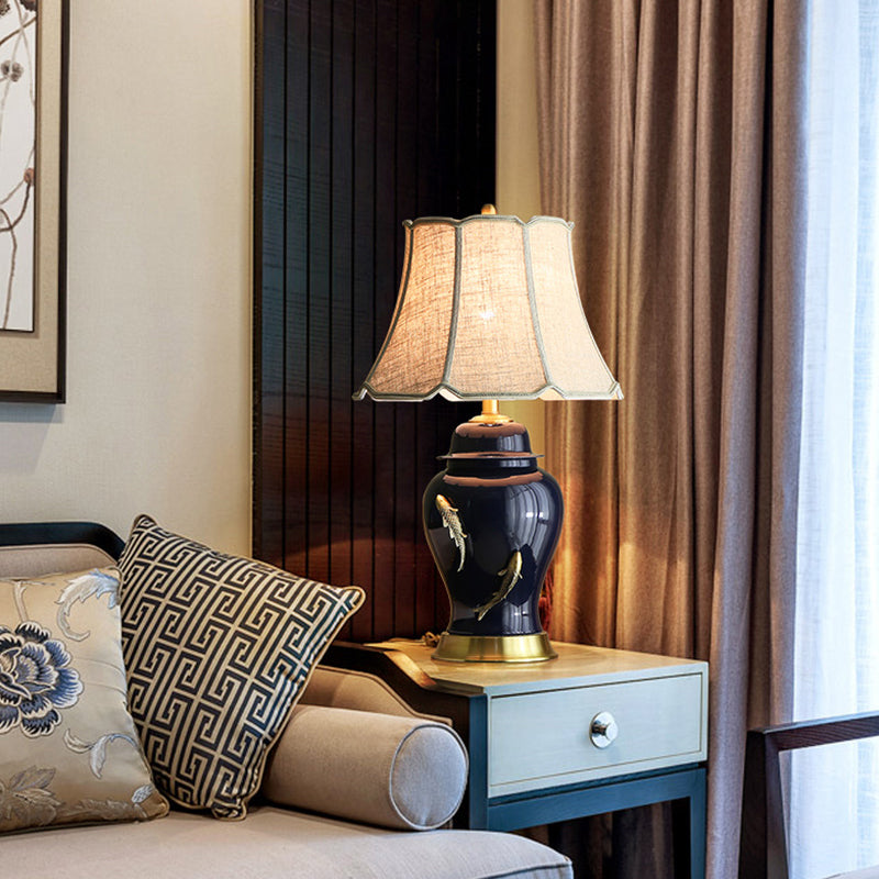 Goldfish Jingdezhen Ceramic Table Lamp Dark Blue Ceramic Base White Linen Shade for Bedroom Small Table