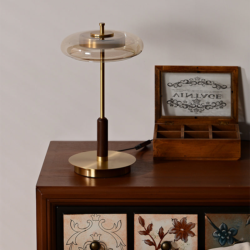 Modern Luxury Brass Table Lamp With Glass Lampshade Oak Wood Body