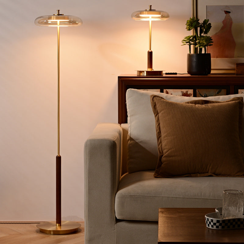 Modern Luxury Brass Table Lamp With Glass Lampshade Oak Wood Body