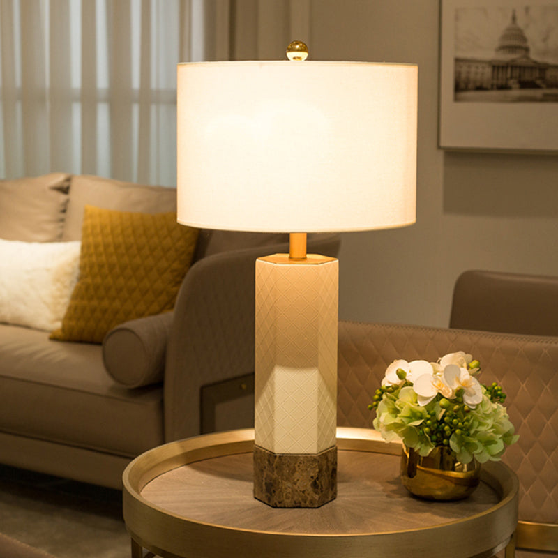 Traditional Column White Marble Lamp With Fabric Lampshade