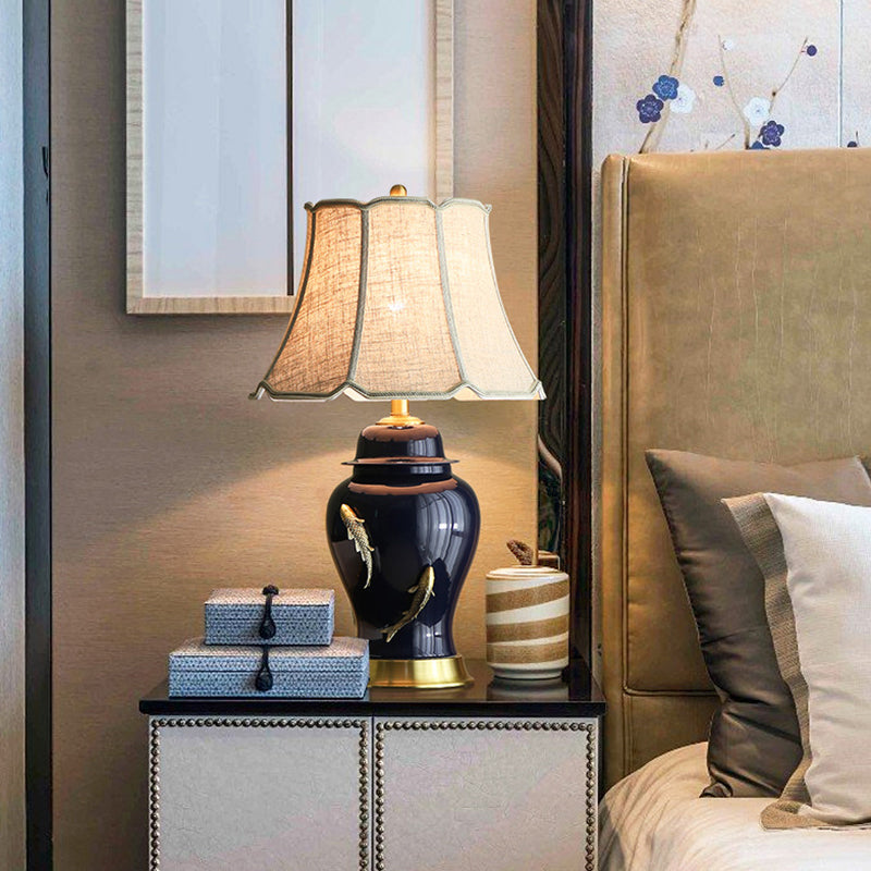 Goldfish Jingdezhen Ceramic Table Lamp Dark Blue Ceramic Base White Linen Shade for Bedroom Small Table