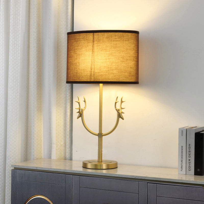 Modern LED Antler Brass Table Lamp Brown Color Fabric Lampshade for Bedroom Living Room