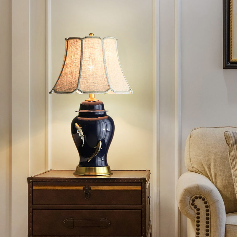 Goldfish Jingdezhen Ceramic Table Lamp Dark Blue Ceramic Base White Linen Shade for Bedroom Small Table