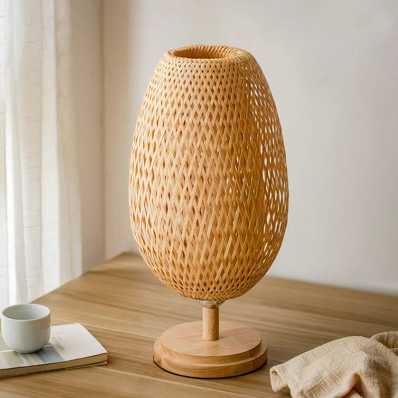 Chinese Wooden LED Table Lamp Retro Bamboo Weaving Table Lamp Lighting Bedroom Bedside Study