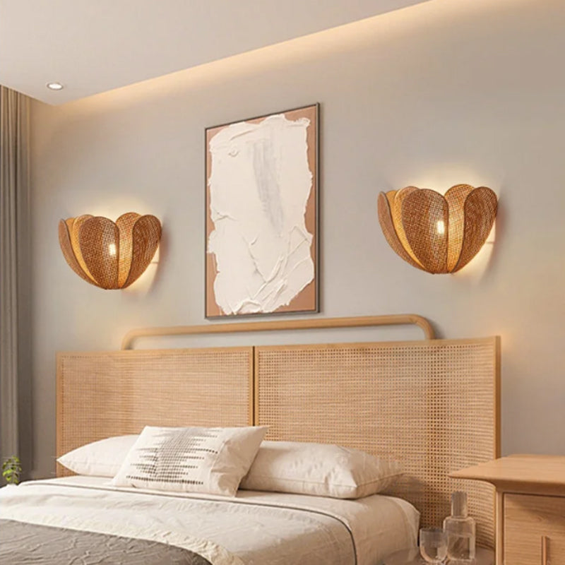Rattan E27 Wall Light Japanese Crafted Petal Light Foyer Bedroom Beside Homestay Corridor Background Lamp