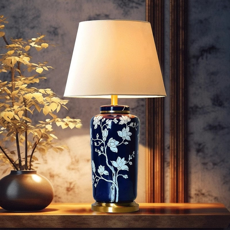 Blue Flower Ceramic Table Lamp Master Bedroom Bedside Lamp American Simple Villa Living Room