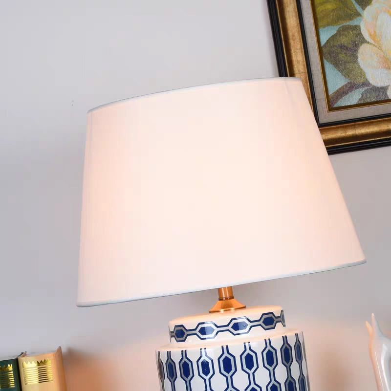 Traditional Ceramic Table Lamp with White Fabric Shade Adjustable Height and Plug In Electric