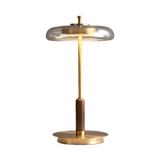 Modern Luxury Brass Table Lamp With Glass Lampshade Oak Wood Body