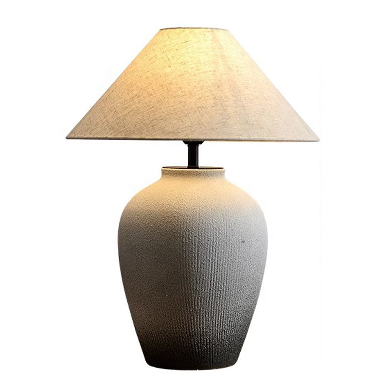 Wabi Sabi Ceramic Stripe Table Light Sand White Geometric Shape Table Lamp with Cone Fabric Shade for Bedroom