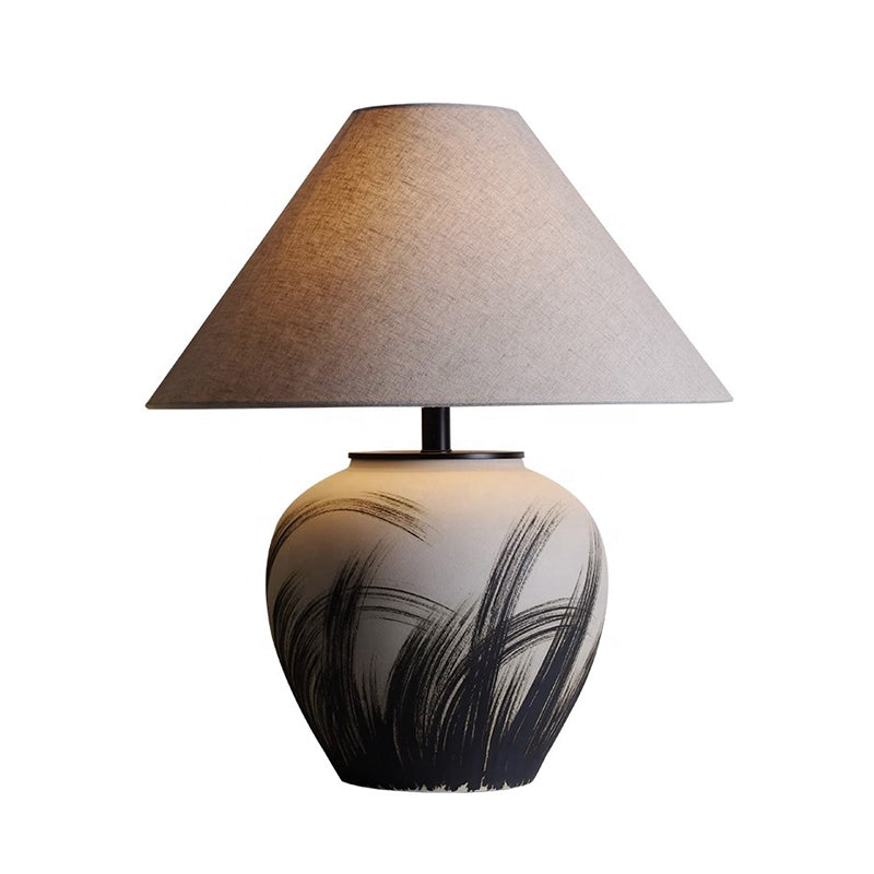 Wabi Sabi Ceramic Table Lamp Hand Painting Liene Fabric Desk Light for Living Room Bedroom