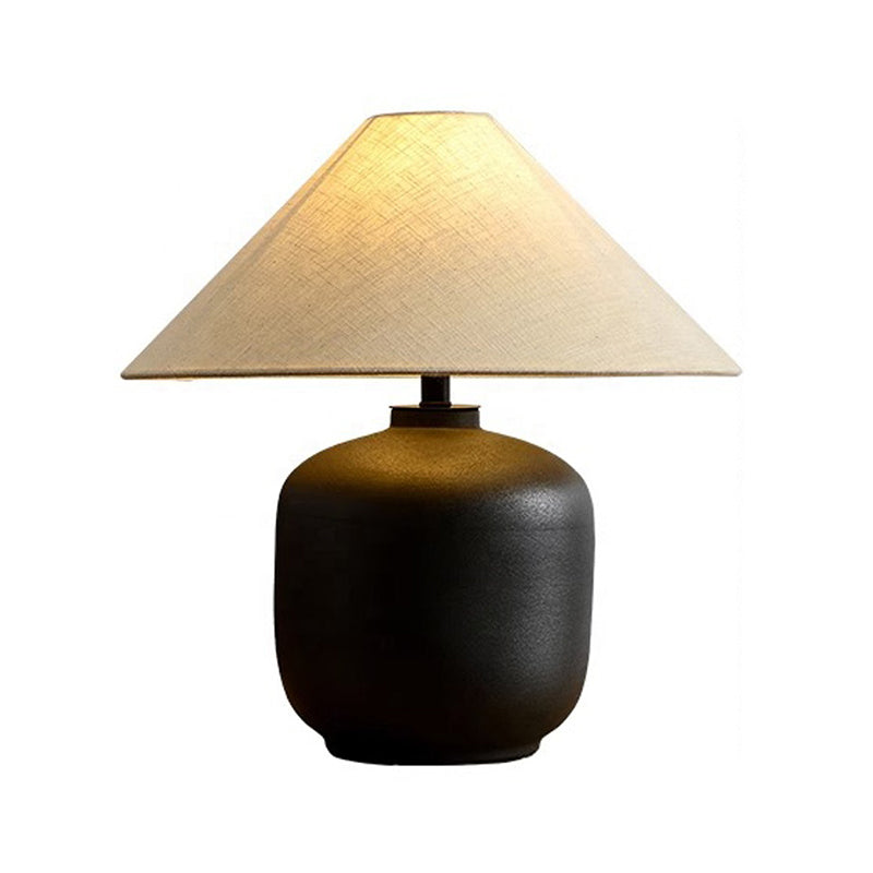 Wabi Sabi Ceramic Table Light Sand Black Sand White Geometric Shape Table Lamp with Cone Fabric Shade for Bedroom