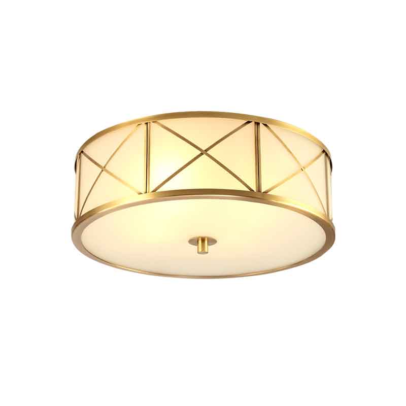 American Style Dia.17" Round Drum Brass LED Ceiling Light for Bedroom Living Room