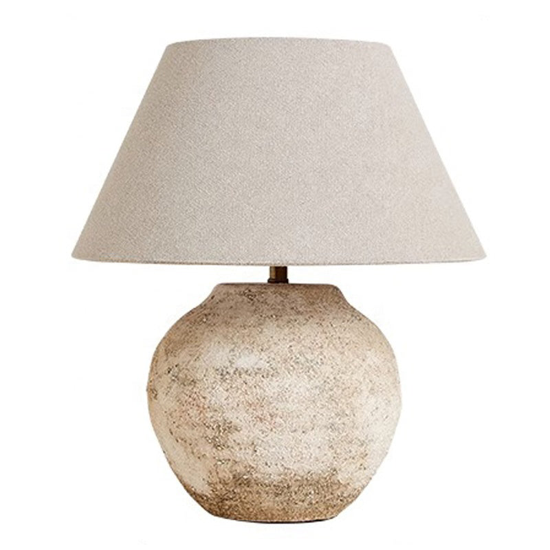 Wabi Sabi Style Ceramic Table Light Coarse Geometric Shape Table Lamp with Cone Fabric Shade for Bedroom