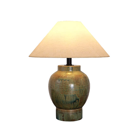 Ceramic Table Lamp Bronze Green Ceramic Base and White Linen Shade Chinoiserie Desk Lamp