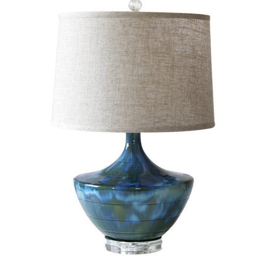 Kung Series Hand Made Ceramic Table Lamp Blue Color Beside with Cone Shade and Plug In Electric Power