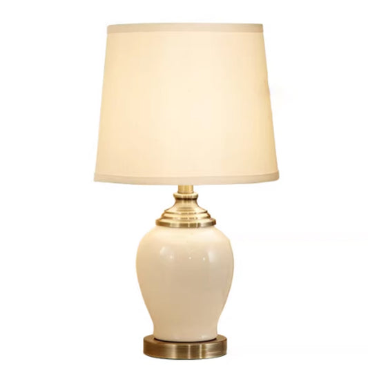 Handmade Ceramic Table Lamp Beige Color Ceramic Base And Beige Linen Shade For Bedroom Living Room