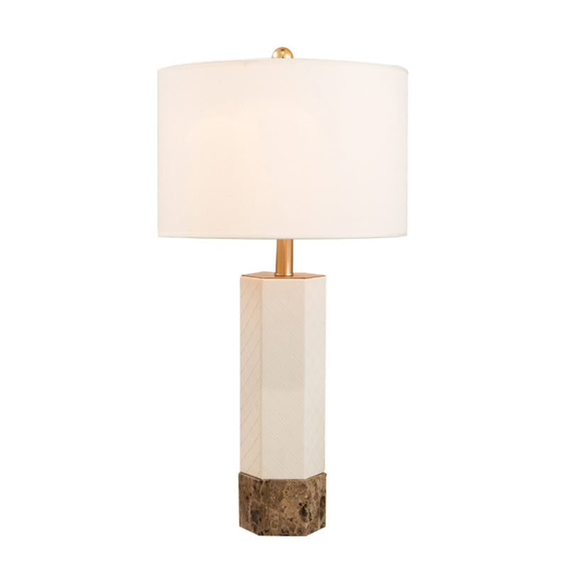 Traditional Column White Marble Lamp With Fabric Lampshade