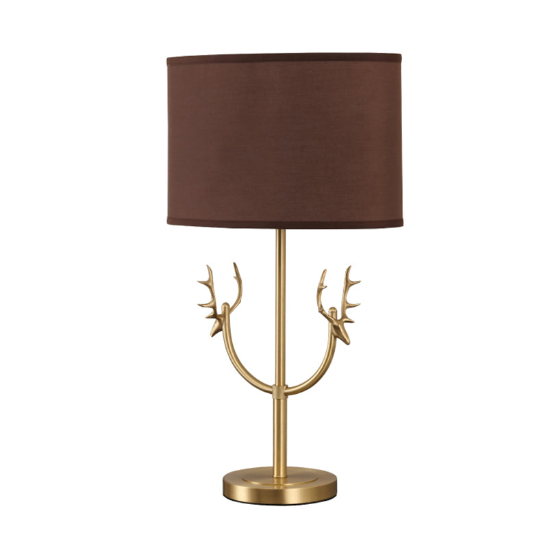 Modern LED Antler Brass Table Lamp Brown Color Fabric Lampshade for Bedroom Living Room