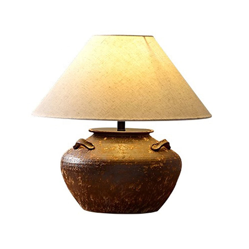 Kung Series Wabi Sabi Ceramic Table Light Geometric Shape Table Lamp with Fabric Shade for Bedroom