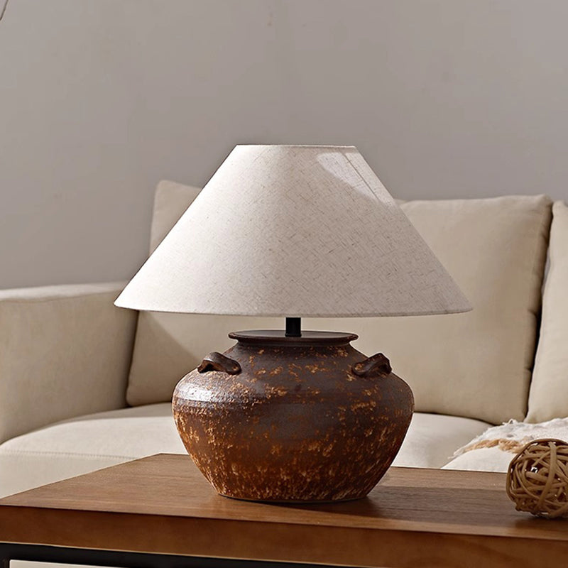 Kung Series Wabi Sabi Ceramic Table Light Geometric Shape Table Lamp with Fabric Shade for Bedroom