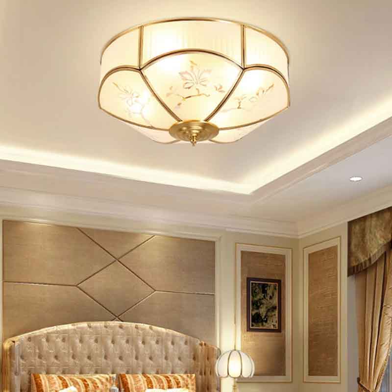 New Chinese Luxury Flower Glass LED Brass Ceiling Lamp with Remote Control Dimmable