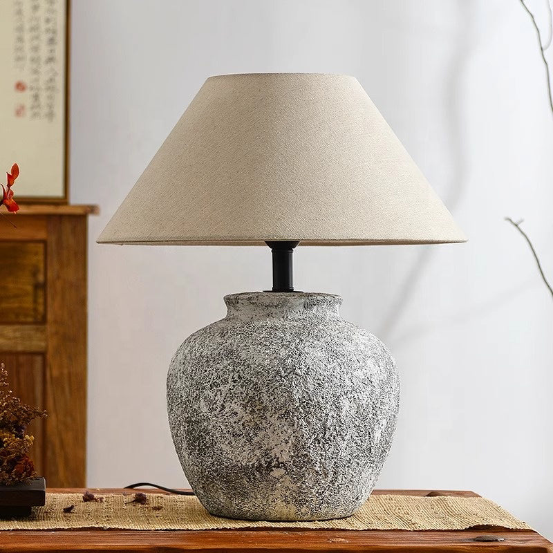 Kung Series Hand-painted Coarse Ceramic Table Lamp with Cone Linen Lampshade E27 LED Bulb Warm white 3000K