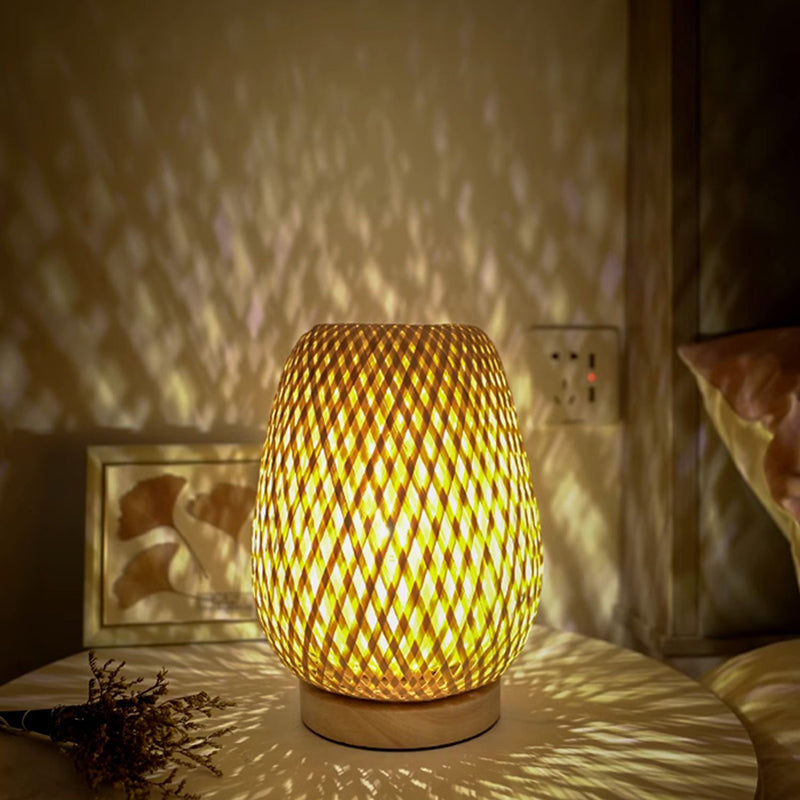 Handmade Natural Wooden Base Bamboo Weaving Table Lamp Eye Protection Bedroom Bedside Night Light