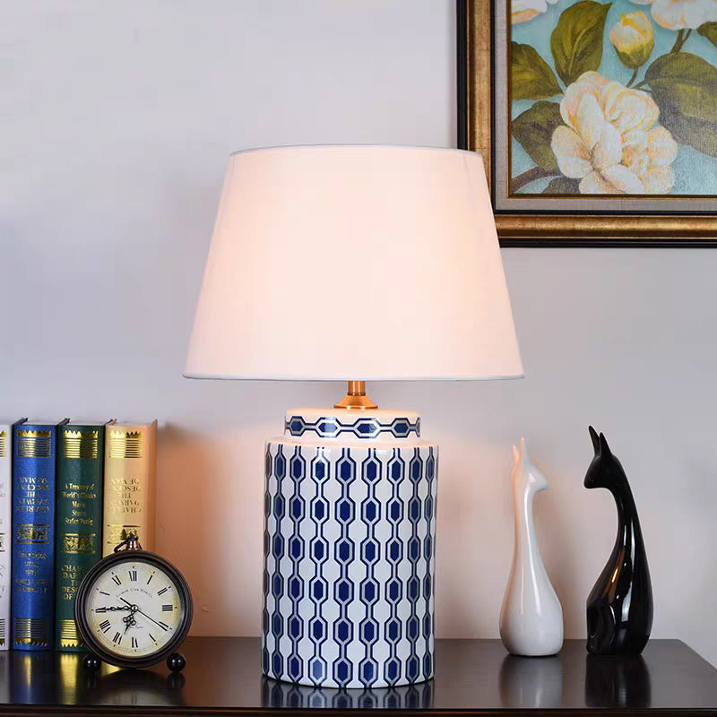 Traditional Ceramic Table Lamp with White Fabric Shade Adjustable Height and Plug In Electric