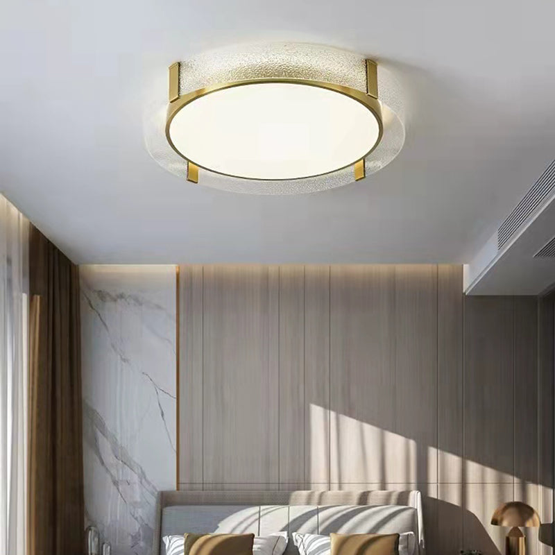 Light Luxury Dia.23" Round Textured Glass Brass LED Ceiling Lamp for Hallway Kitchen Bedroom