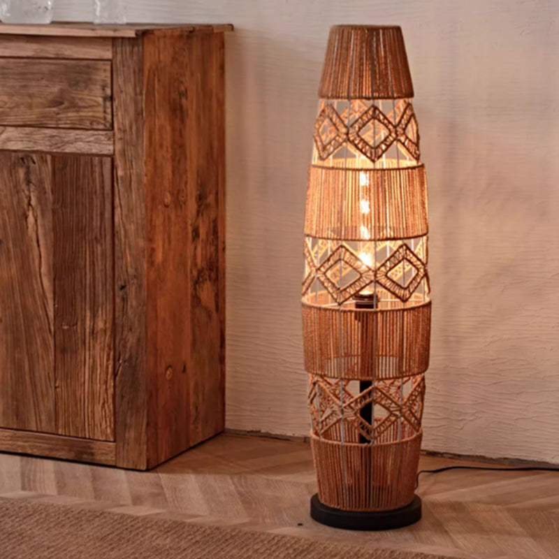 Novelty 36" Column Hemp Rope Floor Lamp With Fabric Lampshade and Wood Base