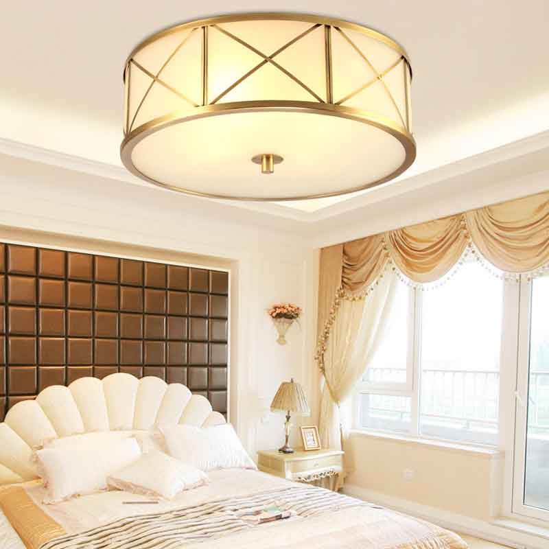 American Style Dia.17" Round Drum Brass LED Ceiling Light for Bedroom Living Room