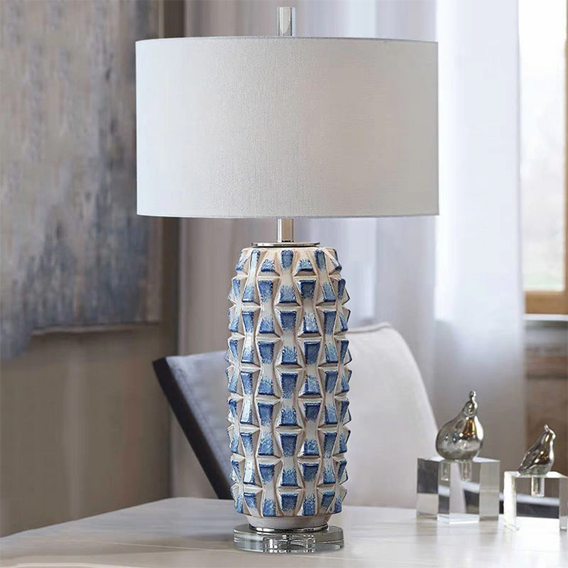 Geometric White Ceramic Table Lamp with Button Switch and Fabric Lamp Shade Warm white LED Bulb