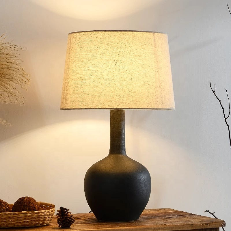 Black Color Tapered Table Lamp Minimalist 1 Head Fabric Nightstand Light with Chinese Black Ceramic Base