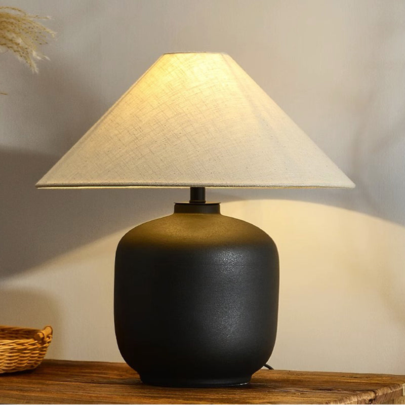 Wabi Sabi Ceramic Table Light Sand Black Sand White Geometric Shape Table Lamp with Cone Fabric Shade for Bedroom