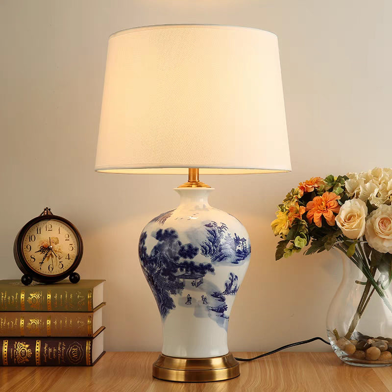 Kung Series Hand-Painted Blue White Ceramic Lamp Bedroom Bedside Hotel Villa Living Room