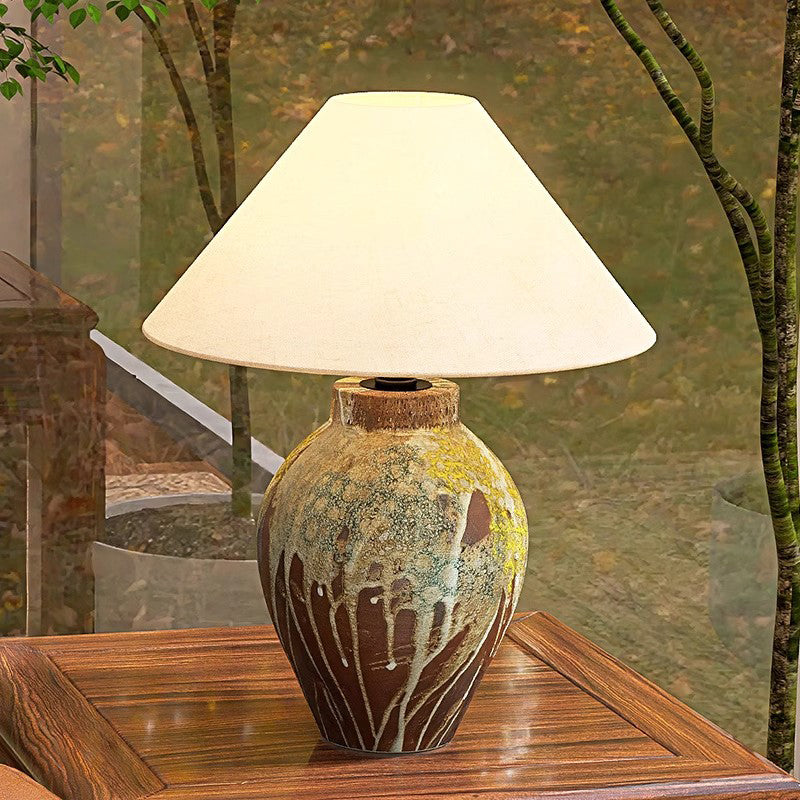 Ceramic Table Lamp Colorful Partern Ceramic Base And Cream Linen Shade Chinoiserie Desk Lamp