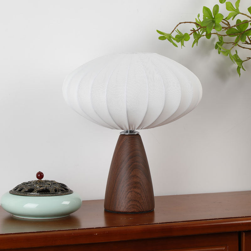 Simple Modern Silk Table Lamp Walnut Color Ceramic Base Body and White Silk Lampshade Desk Lamp for Bedroom Living Room